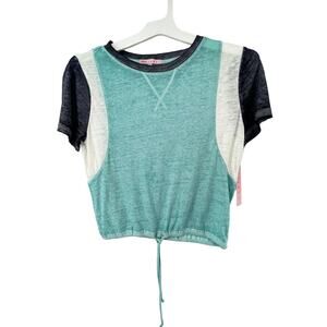 NWT Crave Fame Blue Color Block Short Sleeve Tie Waist Top Women's Size Large